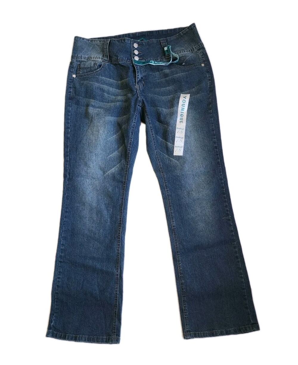 Younique bootcut jeans 18 Whiskering Medium Wash Stretch Y2K 3 Button Boho
